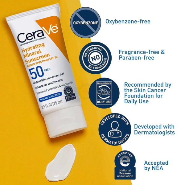 Cerave Hydrating Mineral Face Sunscreen Broad Spectrum SPF50 75ml - Image 2